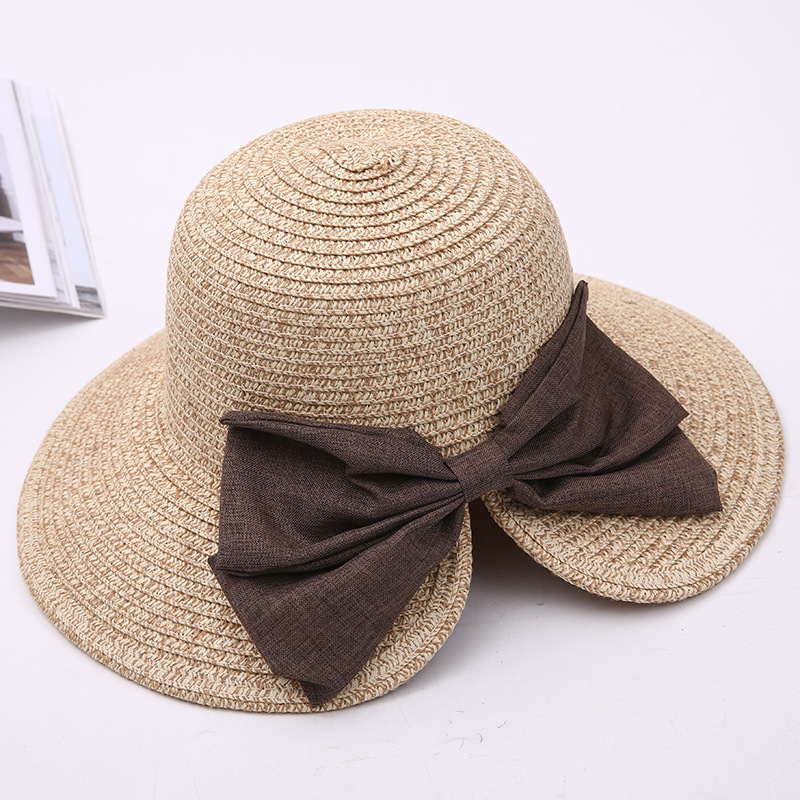 Cross-Border Straw Hat for Women, New Summer Celebrity Hat, Bow Slit Fisherman Hat, Women's Large Brim Sun Hat