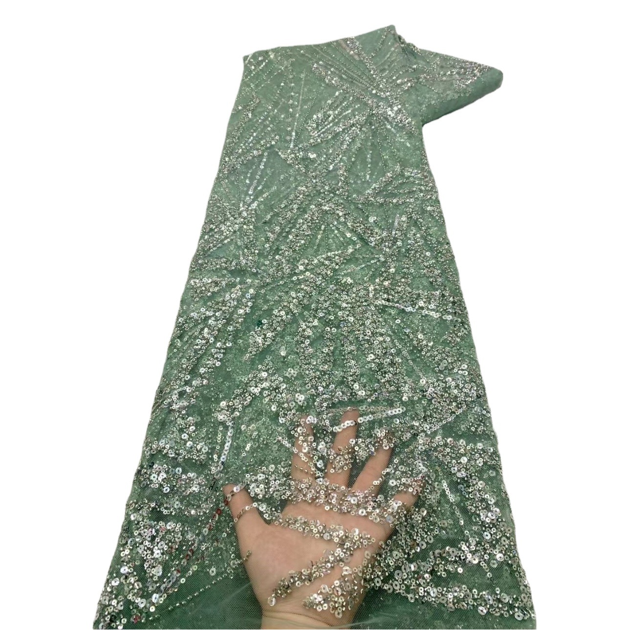 European and American Feather Graphic Dress Fabric French Wedding Dress Bead Tube Sequin Embroidered Lace Beaded Lace