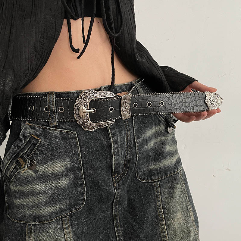 European and American style belt women's 2024 new American retro crocodile black belt versatile jeans decorative Korean style