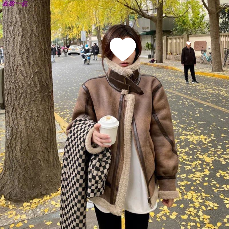 2025 cross-border foreign trade style fur integrated motorcycle jacket padded warm cotton-padded jacket jacket brown coat tide