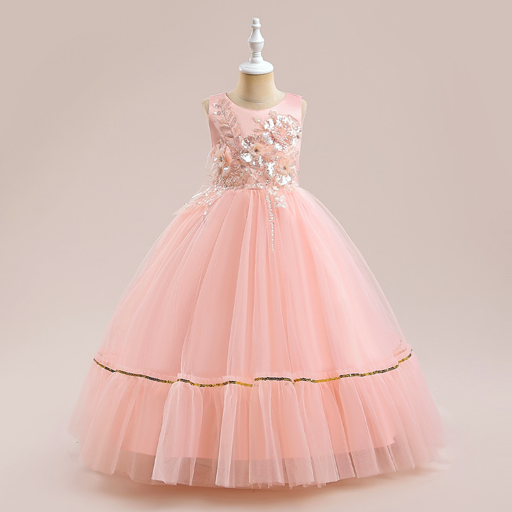 Children's Dress Princess Dress 2025 Girls Sequin Applique Birthday Mesh Puff Skirt Host Piano Performance Costume