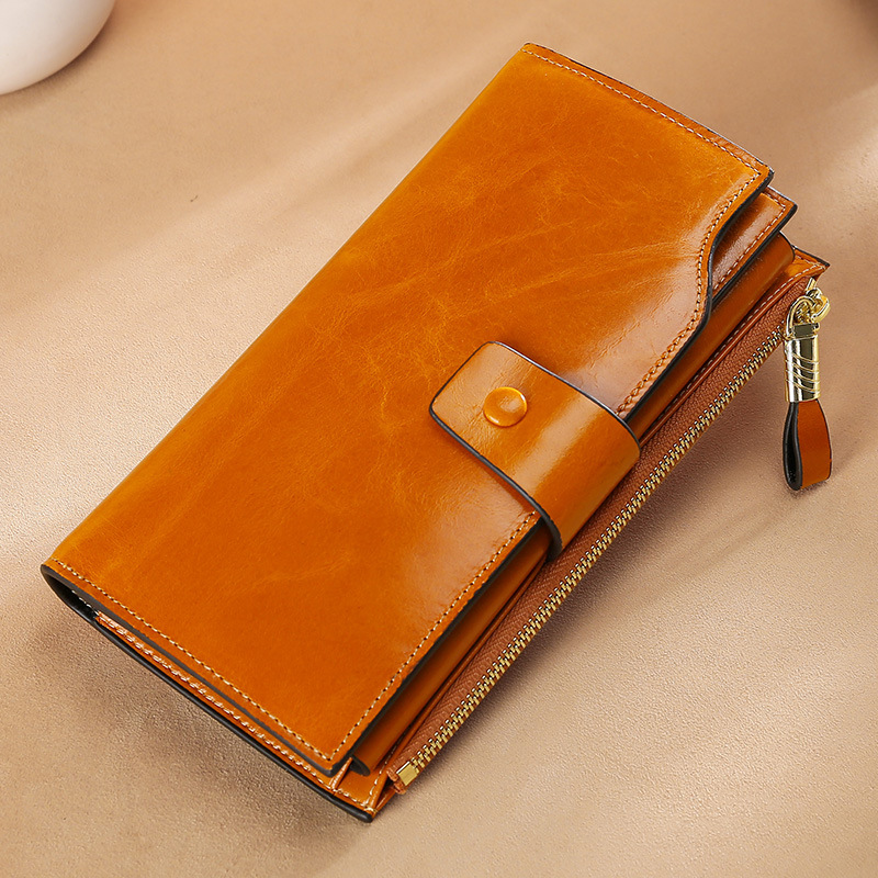 Picture of Cross-Border Genuine Leather Long Women's Wallet Rfid Anti-Theft Multi-Card Slot Wallet Retro Oil Wax Leather Girls' Clutch Bag