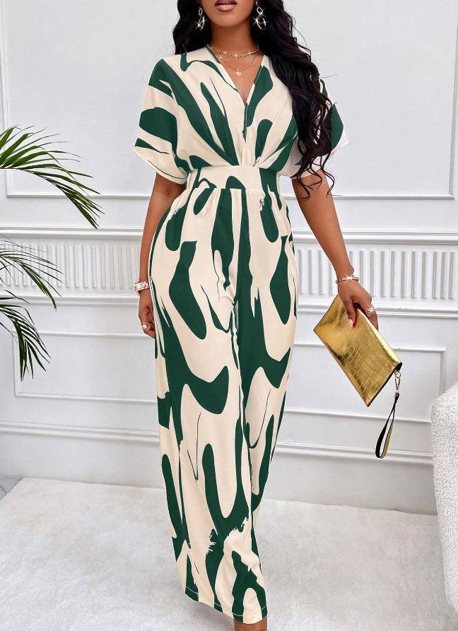 Picture of Cross-border 2024 Amazon AliExpress Europe and the United States spring and summer new short sleeve printed waist jumpsuit fashion wide leg women