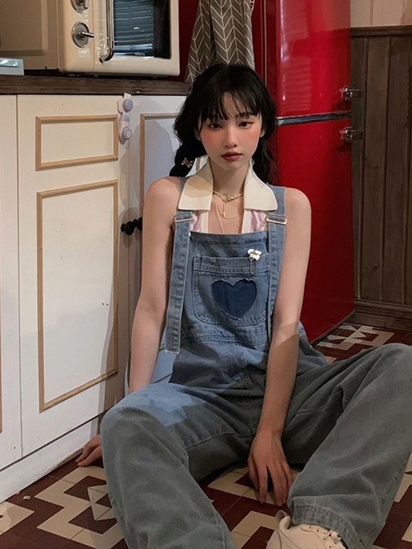 Retro spring and autumn Denim suspender trousers women's loose Korean-style straight wide-leg mopping trousers cute suspender jumpsuit