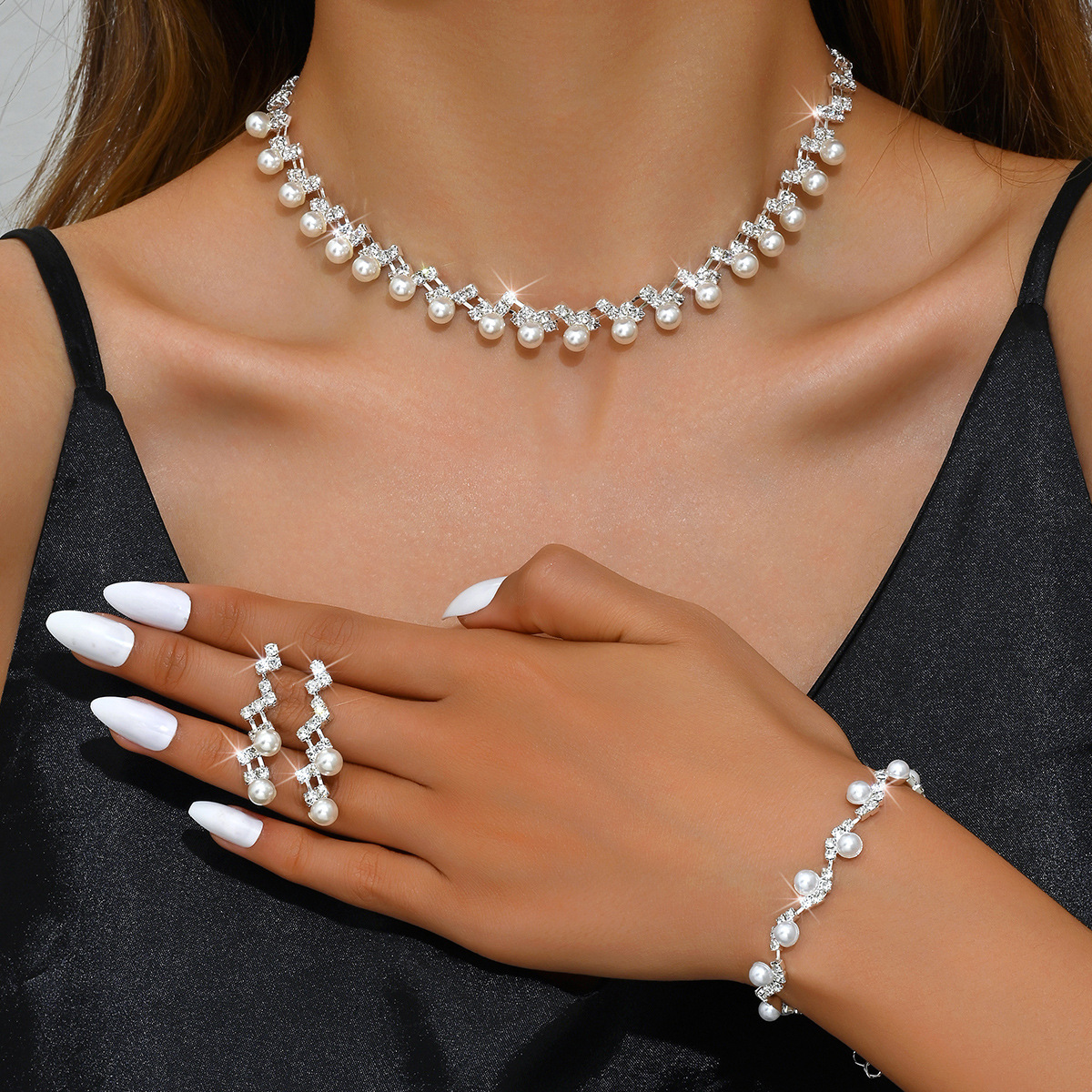 European and American High-end Luxury Super Flash Diamond Pearl Necklace Earrings suit Bridal Jewelry Three-piece Wedding Accessories