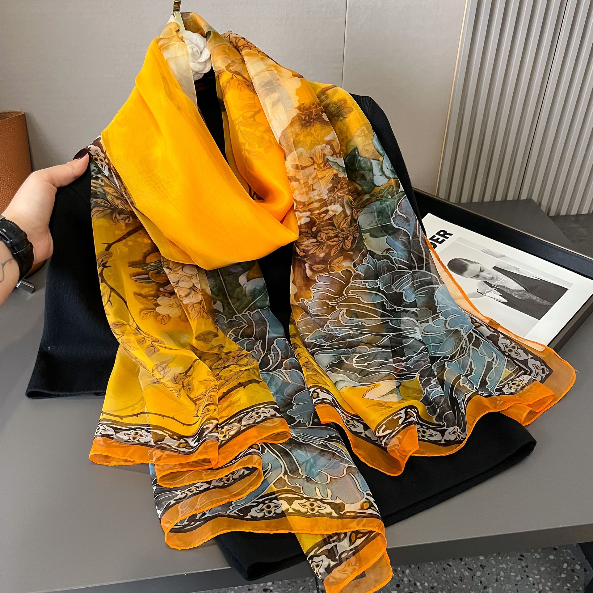 New Yourou Silk Scarf Long Peony Printed Scarf Yellow Spring and Autumn Scarf Chinese Style Thin Shawl Beach Towel