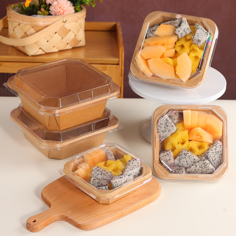 Kraft Paper Octagonal Packing Box Disposable Fruit Fresh Cut Box Food Grade Degradable Take-Out Lunch Box Packaging Box