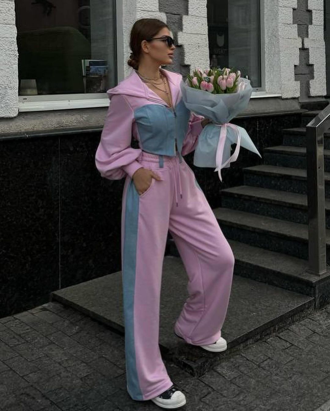 Picture of 2025 Cross-Border European and American Style Fashion Casual Sweatshirt Suit Denim Splicing Hooded Top and Pants Two-Piece Set for Women