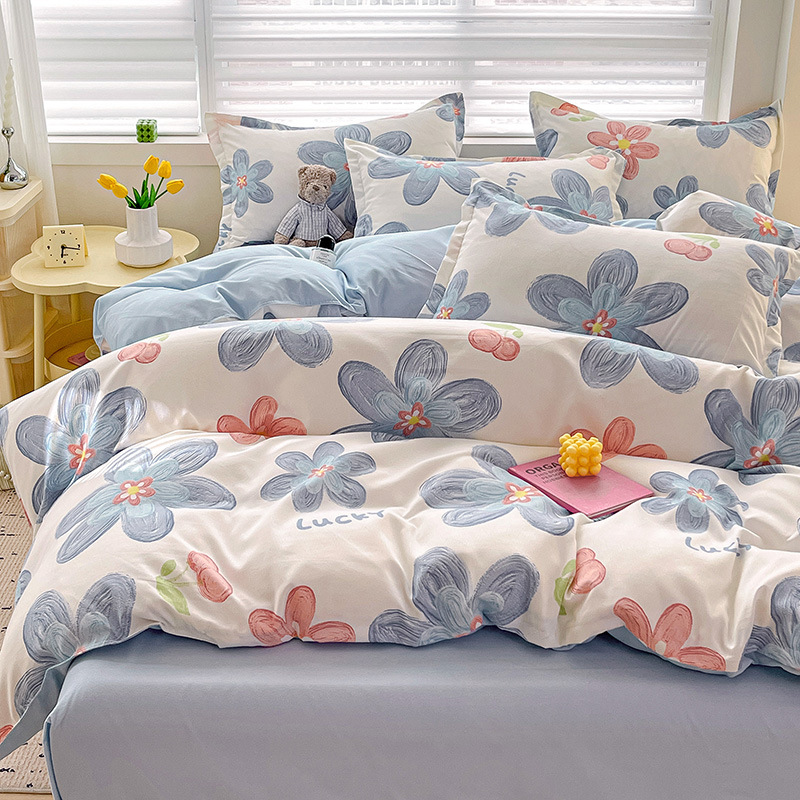 ClAss A Brushed Four-piece Set Thickeneded Bed Bed Sheets Quilt Cover Summer WAshed Cotton Student Three-piece Bedding Set WholesAle ins