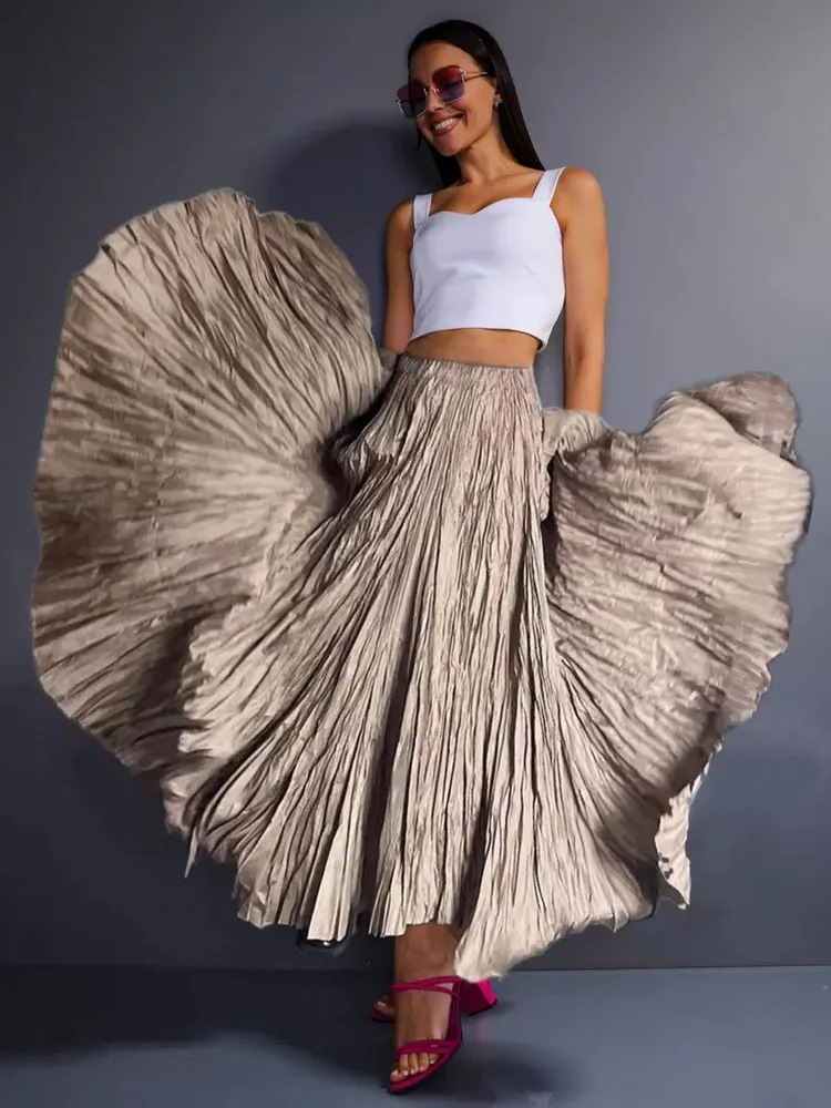 Niche design irregular pleated A-line large swing umbrella skirt, elastic fit, high-waisted French midi skirt, cross-border plus-size women's wear