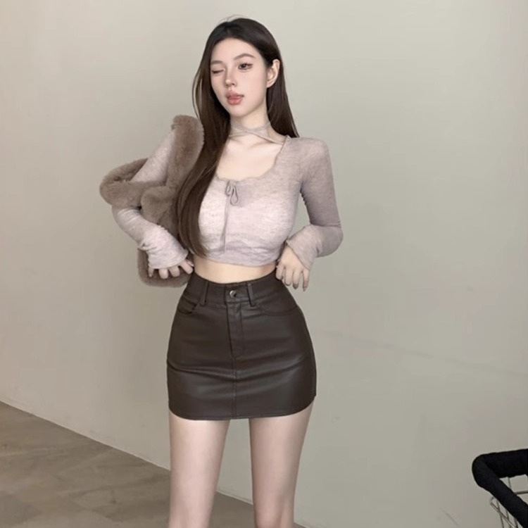 American Style Brown High Waist PU Leather Skirt Women's 2023 Autumn and Winter New Hot Girl Black Leather Skirt Hip Skirt