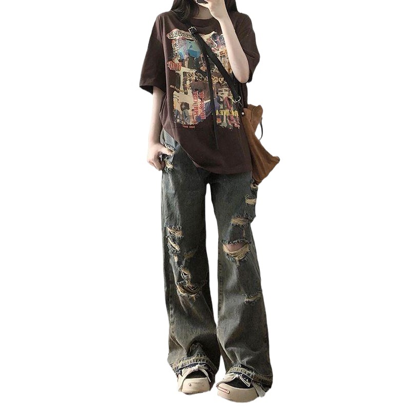 2023 retro straight jeans old design hot girl hole female summer ins new slim wide leg drag.