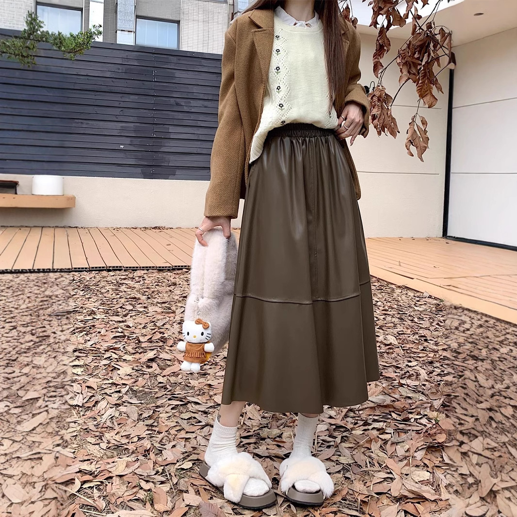 Black A- line Leather Skirt Women's 2025 Autumn and Winter New High Waist Puleather Mid-length Casual Sheath Umbrella Skirt