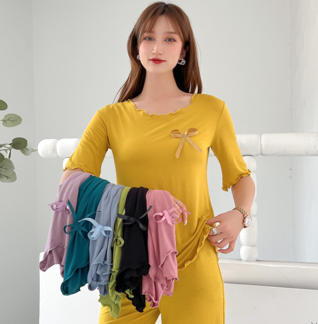 Modal Round Neck Six-point Horn Sleeve Top Summer Thin Sweet Bow T-shirt Loose Large Size Women's Top