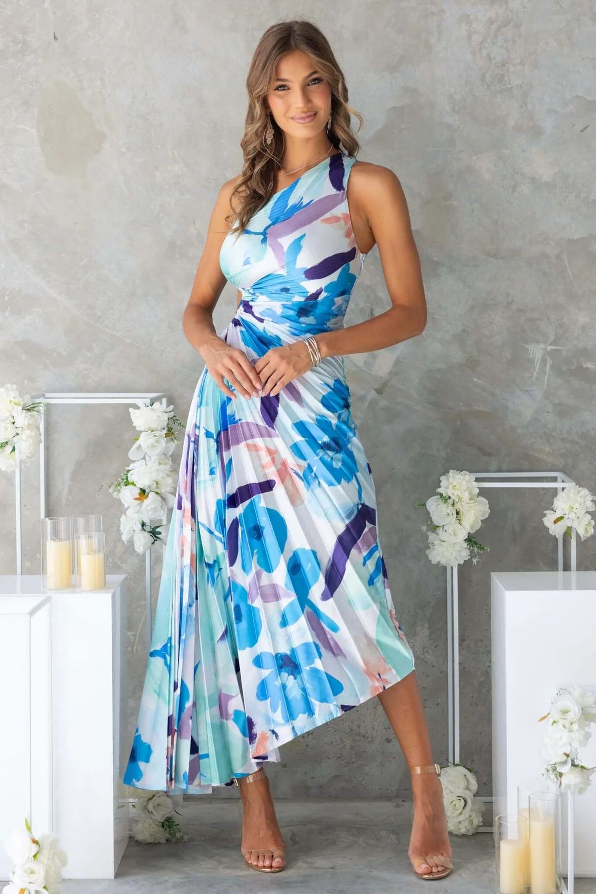 Picture of European and American 2024 Women's New Fashion Solid Color Casual Sexy Elegant One-shoulder Oblique Collar Pleated Hollow Dress