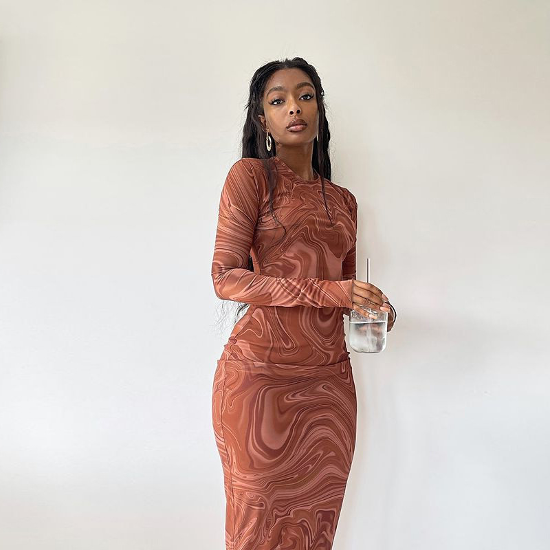 European and American Style Tight Mid-length dress Round Neck Long Sleeve Printed Bag Hip Skirt Pullover Foreign Trade Dress Vintage Dress