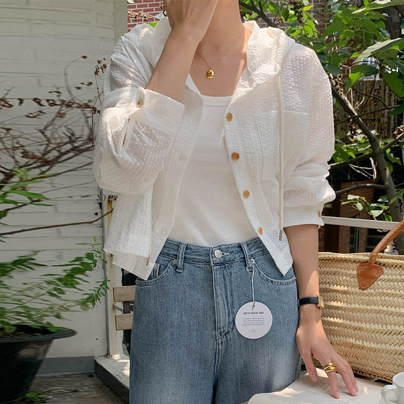Picture of 2024 Summer Elegant All-match Single-breasted Striped Contrast Color Short Loose Long-sleeved Sunscreen Hooded Women's Shirt
