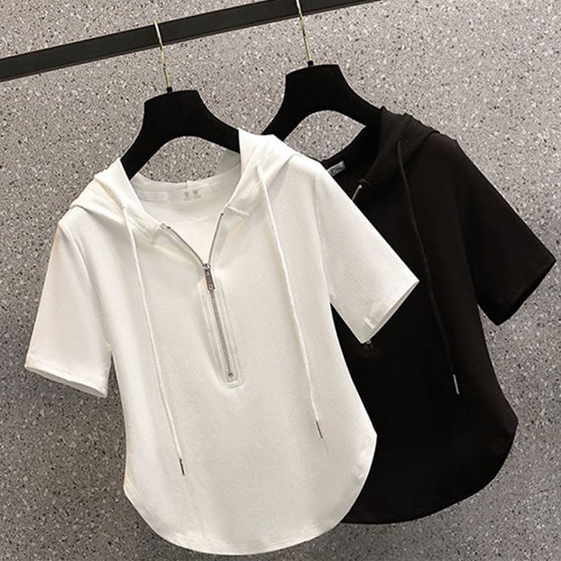 Hooded Short-Sleeved T-Shirt for Women 2024 Summer Small Design Niche Zipper Short Slim Versatile Top Trendy