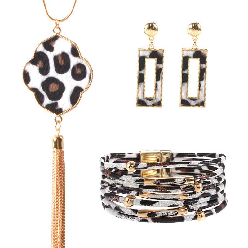 Amazon Explosions Alloy Leather Leopard Bracelet Necklace Earrings European and American Fashion Leather Hand Ornaments Earrings