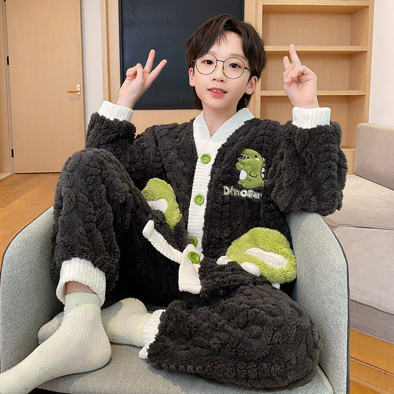 Picture of Children's coral fleece pajamas for boys autumn and winter 2024 new winter jacquard fleece home clothes for teenagers and little boys