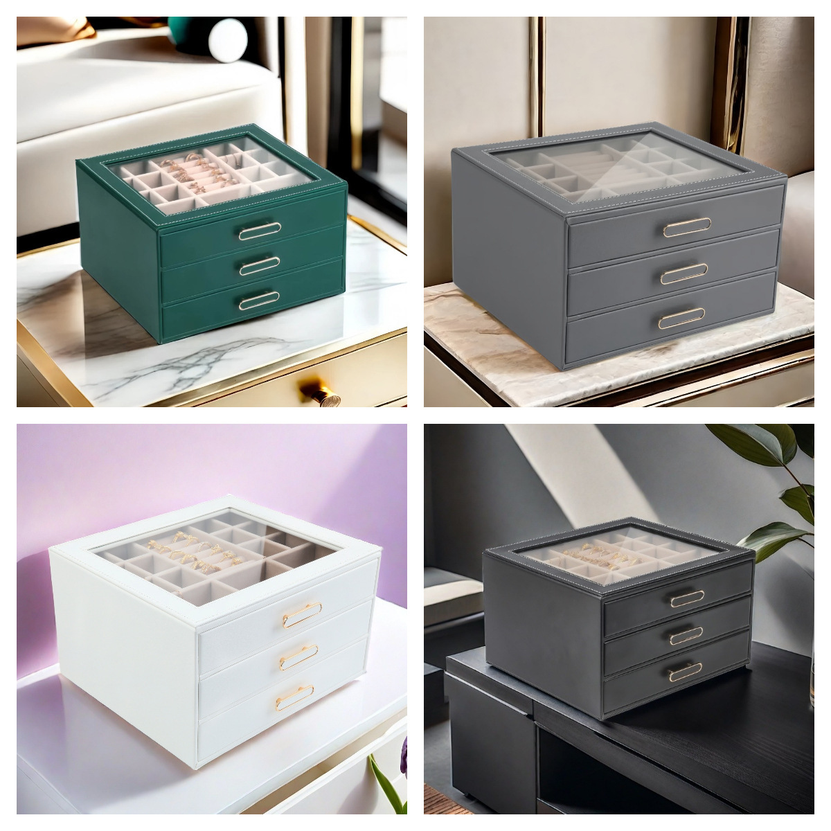 Large-Capacity Three-Layer Jewelry Box Storage Box See-Through Treasure Earring Storage Jewelry Box Pu Material Ring Box