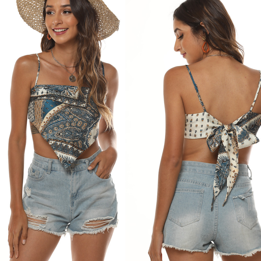 2024 Spring New European and American Women's Satin Printed Shoulder Vest Strapless