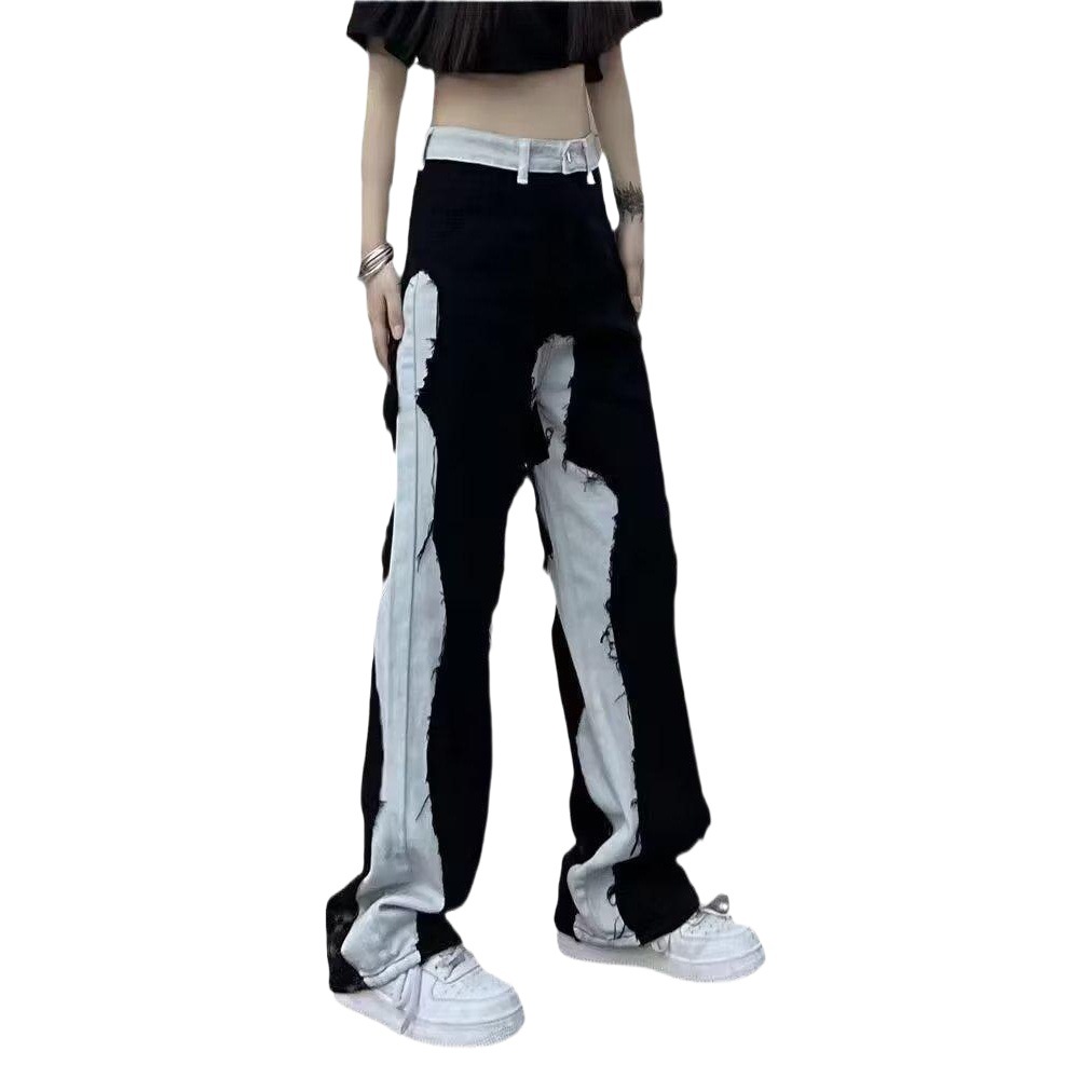 American vibe retro stitching contrast color jeans women's high street loose straight wide leg overalls ins trendy pants.