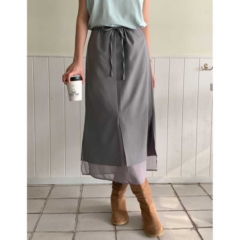 Updated Korean Style Summer Elegant Slit Bow Tie High Waist Double Layer Chiffon Skirt Suit Skirt