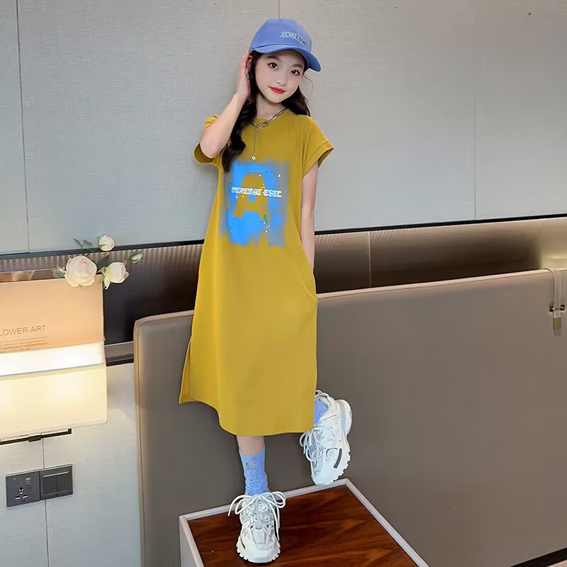 Picture of Girls' Summer Dress New Style Summer Middle and Big Children's Fashionable Korean T-Shirt Dress Long Large Children's Vest Skirt
