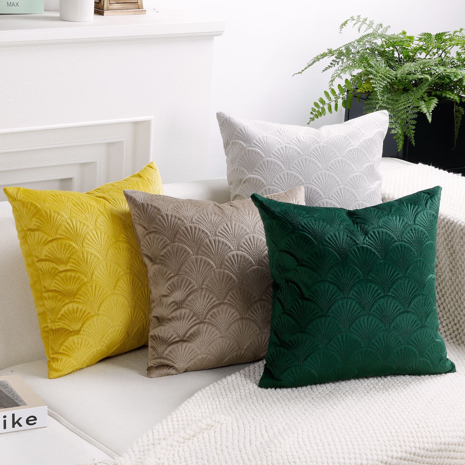 Scandinavian Style Ginkgo Leaf Sofa Pillowcase Living Room Decoration Pure Color Velvet Back Cushion Cover, Home Bedside Cushion