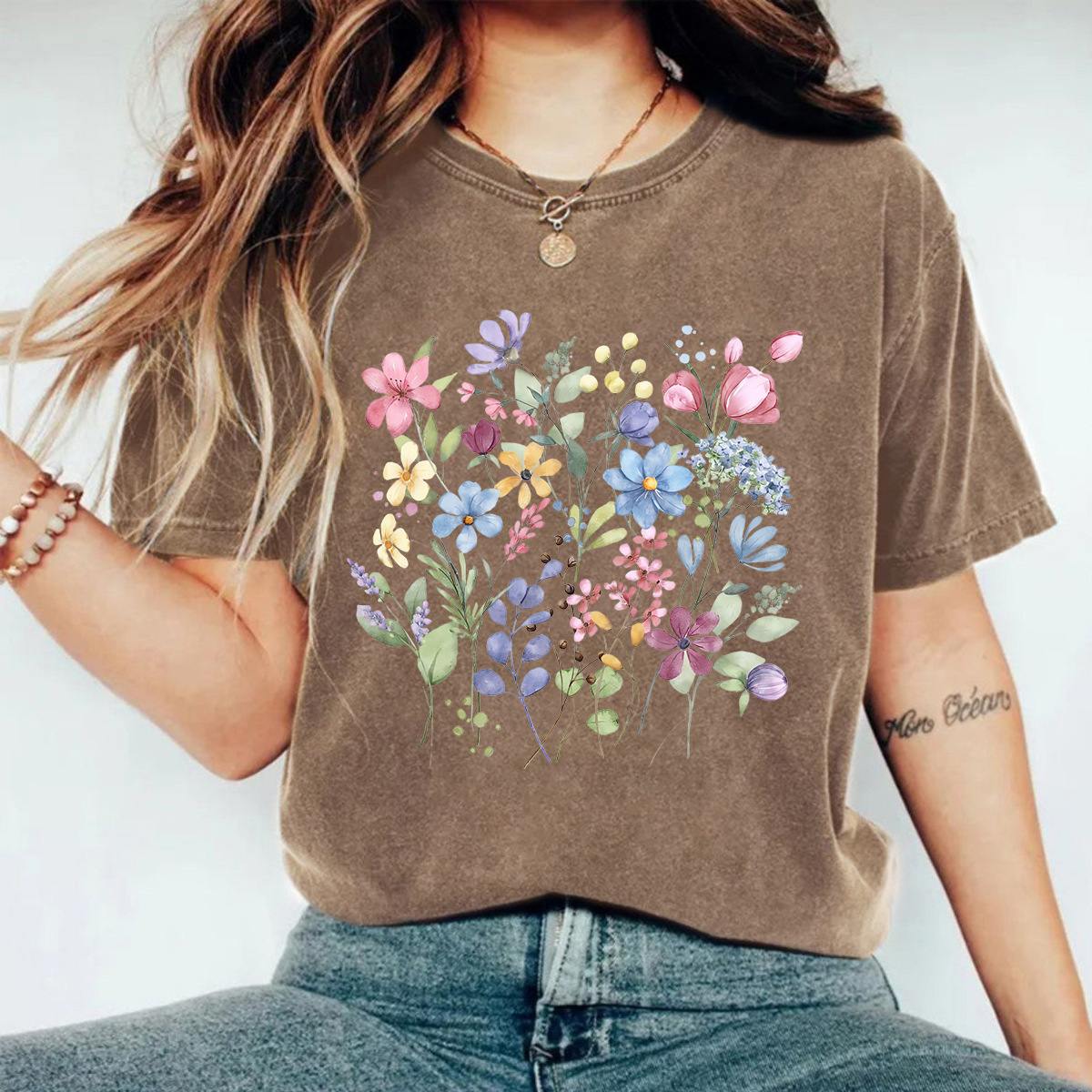 Picture of European and American Casual T-Shirt Pure Cotton Washed Old Floral Cross-Border Round Neck Short-Sleeved Ready-Made Tops for Women Export Orders