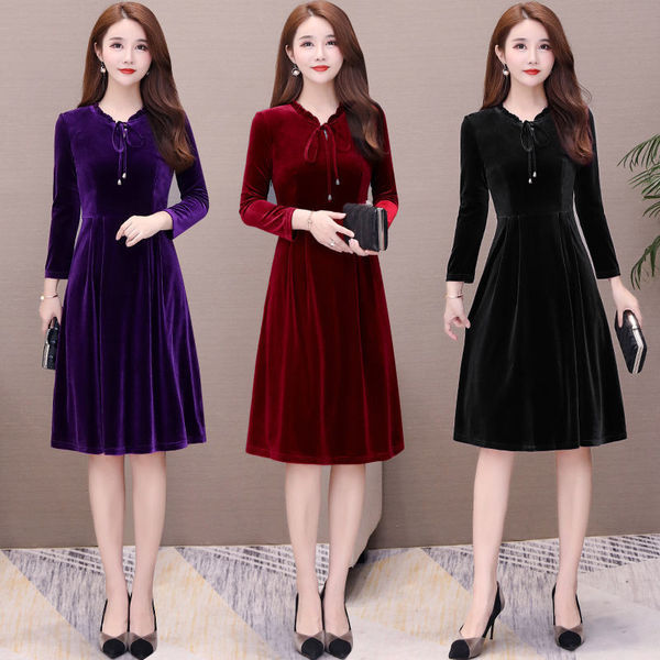 Mother's Spring and Autumn Golden Velvet Dress Mid-length Middle-aged and Elderly Women's Extra Large Size Skirt Fat Girls Stylish Base Skirt