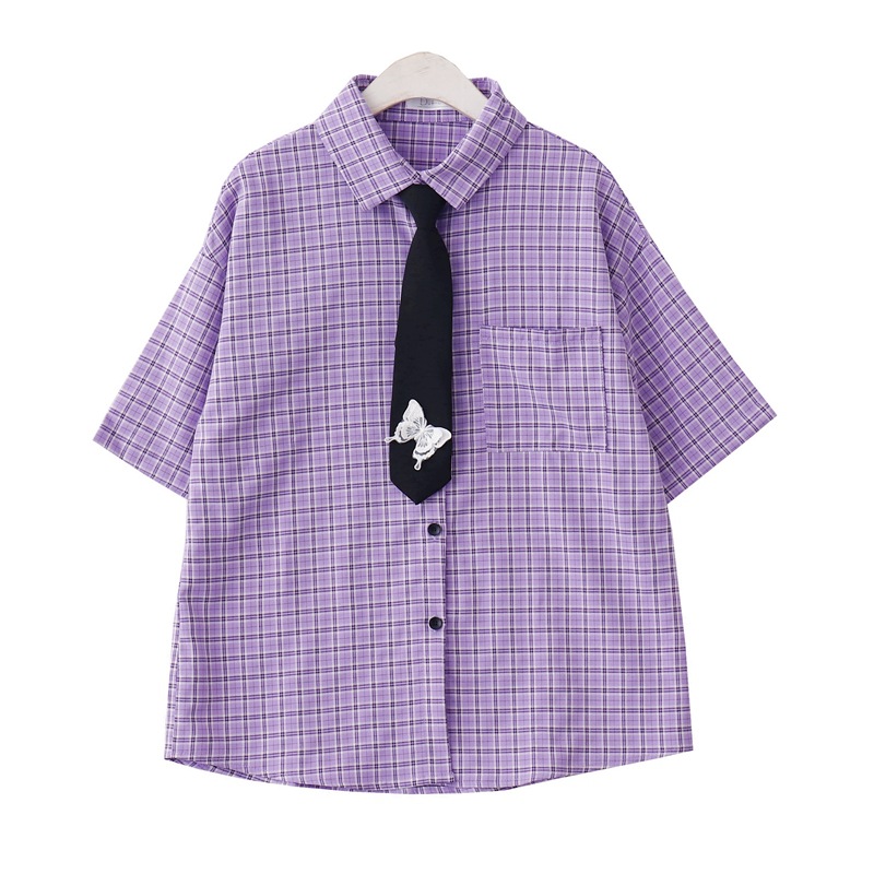 Summer New Japanese College Style Purple Plaid Loose Short-sleeved Shirt with Three-dimensional Butterfly Tie Top for Women
