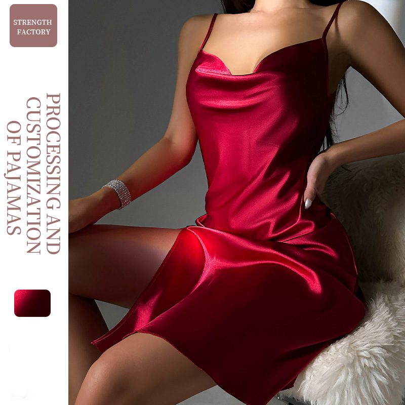 Dannilin Sexy Split Slip Skirt Mid-length Silk Nightdress Women's Summer Silk-like Home Backless Slip Pajamas