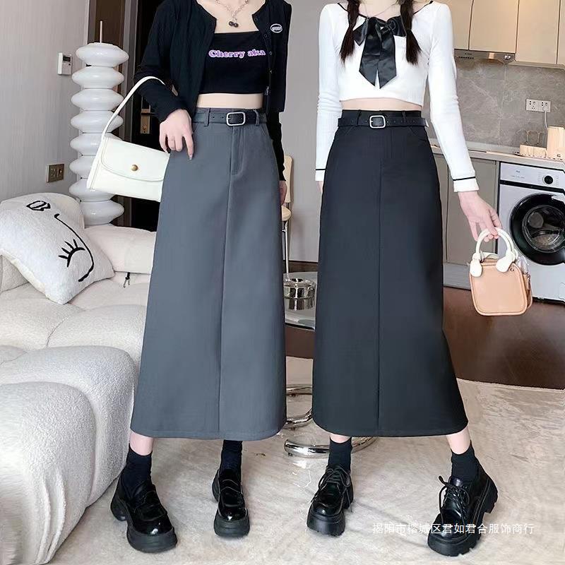 2024 Spring and Autumn High-end Suit Skirt Draped High Waist Slimming Hip Covering All-match Split Hip A- line Long Skirt