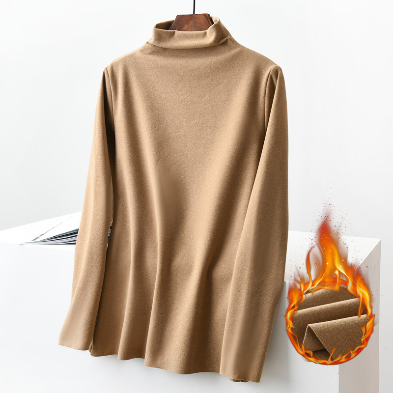 Autumn and Winter half turtleneck bottoming shirt for women fleece-lined thickened inner wear double-sided brushed velvet long sleeve slim warm top