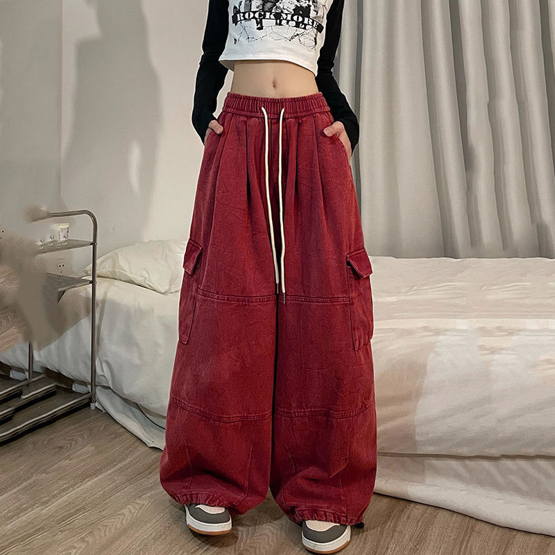 National Trendy Vintage Cargo Pants Women's 2024 Autumn and Winter Thickened Casual Loose All-match Floor-mopping Wide-leg Pants Instagram Style Trendy
