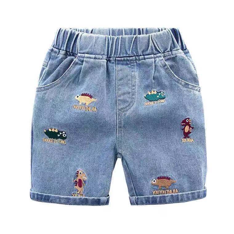 Children's Clothing Kidsren's Denim Shorts Direct Supply Summer New Korean Style Boys Dinosaur Embroidered Mid-Pants Baby 5-Point Breeches