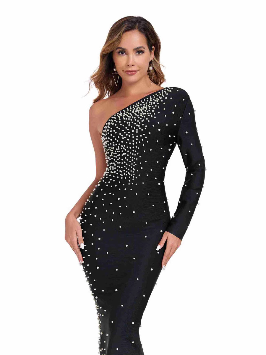 Amazon AliExpress New Women Fashion Banquet Black One Shoulder Beaded Dress Bandage Long Dress Evening Dress