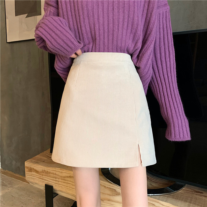 2023 New Corduroy Skirt Women's Autumn and Winter Vintage Split High Waist Slim A- line Hip Fashion Skirt