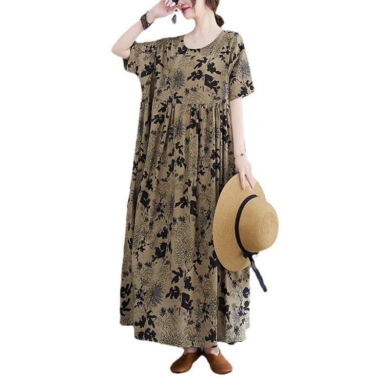 2023 New Loose Large Size Chubby Sister Vintage Dress with Large Pattern Elegant Short Sleeve Linen Robe