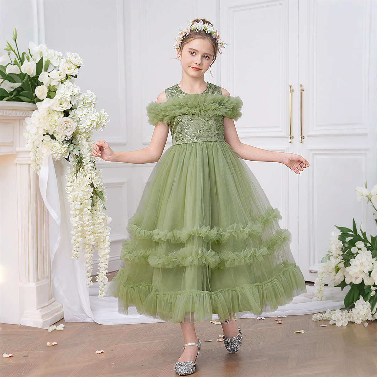 Cross-Border New Girls' Dress Off-Shoulder Princess Dress Sequined Tutu Skirt Flower Girl Wedding Dress Tutu Skirt Piano Performance Dress