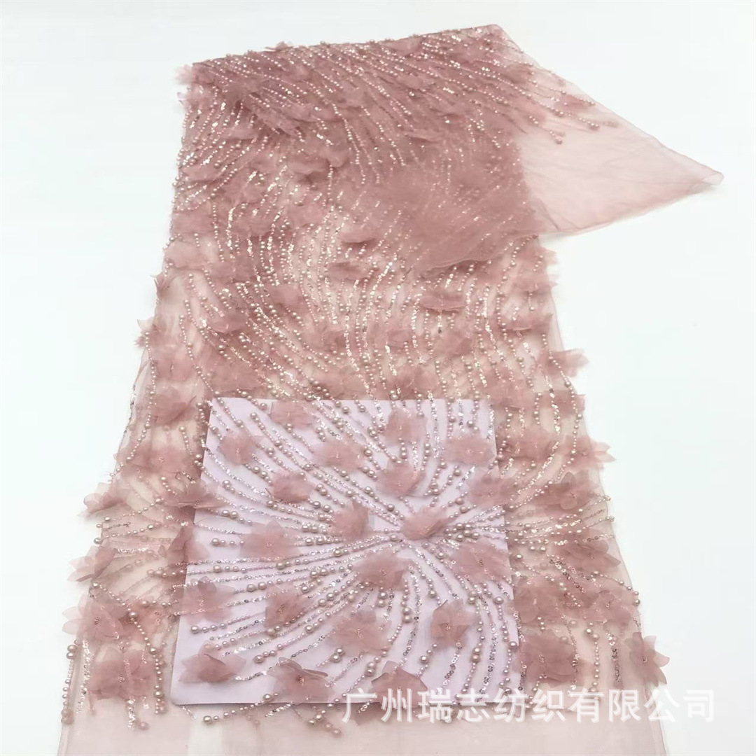 Manufacturer Wholesale French Wedding Dress Handmade Flower Beaded Mesh Fabric 3D Wedding Lace Fabric