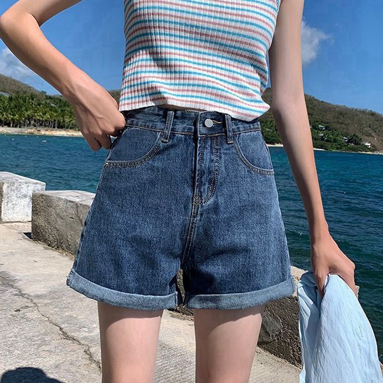 Picture of Summer Thin Ins-style Korean Style High Waist Slimming Denim Shorts Women's Loose A- shape Outer Wear Curled Wide-leg Hot Pants