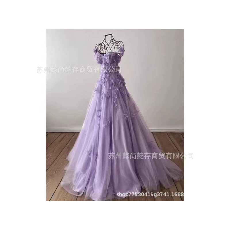 Dream Purple Light Veil Three-Dimensional Flower Dress High-Waist Strapless Short-Sleeved Meat-Covering Bridesmaid Dress for Small Women