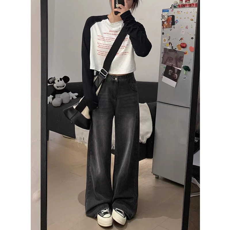 Picture of plus size American Style Retro Black Jeans Women's Autumn and Winter chubby girl Loose Slimming High Waist Straight Leg Wide Leg Trousers