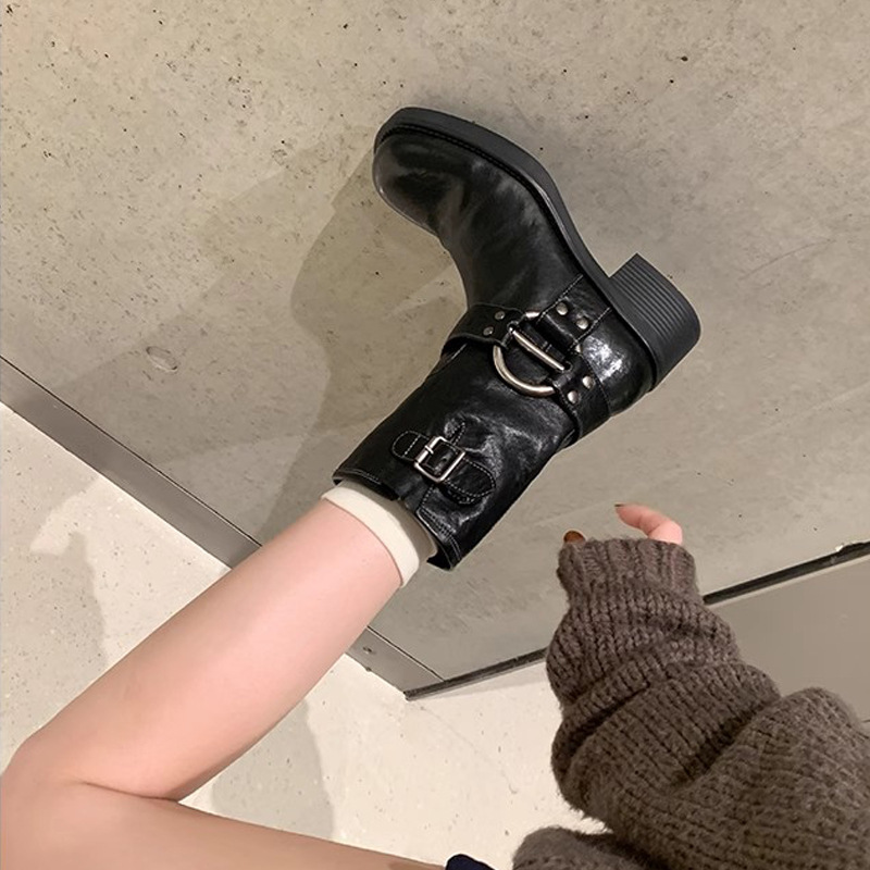 Picture of Grape Mom Punk Sweetheart ~ Metal Buckle Round Toe Retro Genuine Leather Motorcycle Thick Heel Western Short Boots 2025 New Style