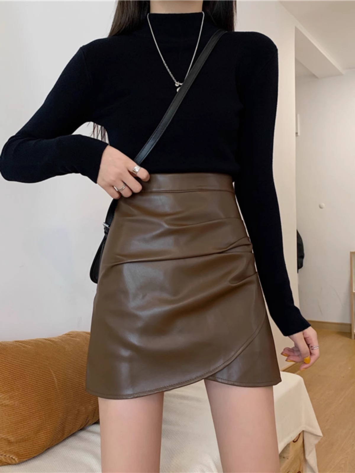 Brown Ruffle Small Leather Skirt Women's 2023 Autumn and Winter Korean Style High Waist Slim A- line Skirt Short Skirt PU Hip Skirt