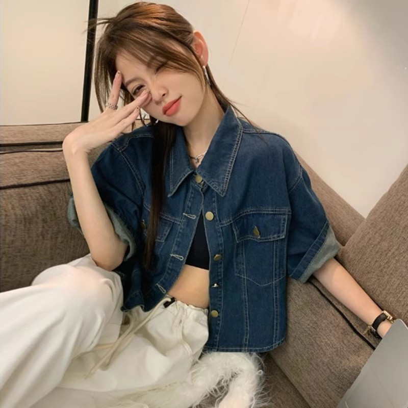 Picture of Spring and summer new design sense retro short sleeve shirt Denim coat women's plus size loose shirt short jacket top