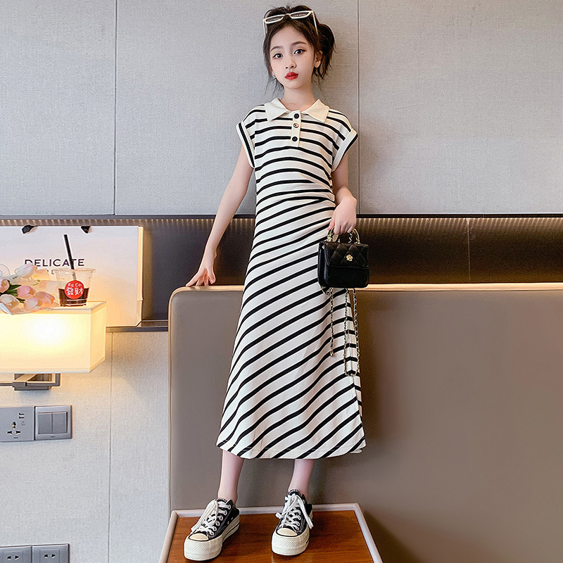Girls Striped Dress Summer New Style Western Style Children's Wear polo Long T-Shirt Skirt Big Children's Summer Skirt